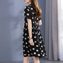 Black Polka Dot Silk Dress with Short Sleeves - DIANASILK