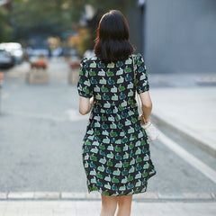 Black Silk Dress with Green Bunny Print - DIANASILK