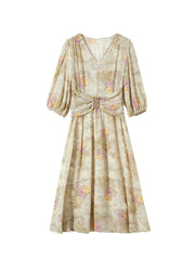 Ruched Waist Vintage-Inspired with Puff Sleeves Silk Midi Dress - DIANASILK