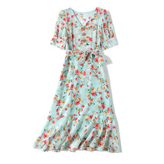 Ladies Floral Silk V-Neck Belted Midi Dress for Summer - DIANASILK