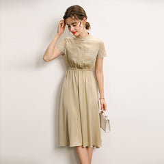 Champagne Silk Midi Dress with Lace Detail and Mandarin Collar - DIANASILK