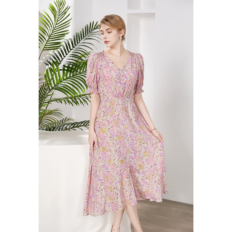 V-Neck Pink Floral Silk Midi Dress with Puff Sleeves - DIANASILK