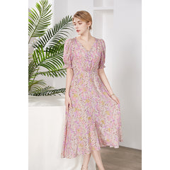 V-Neck Pink Floral Silk Midi Dress with Puff Sleeves - DIANASILK