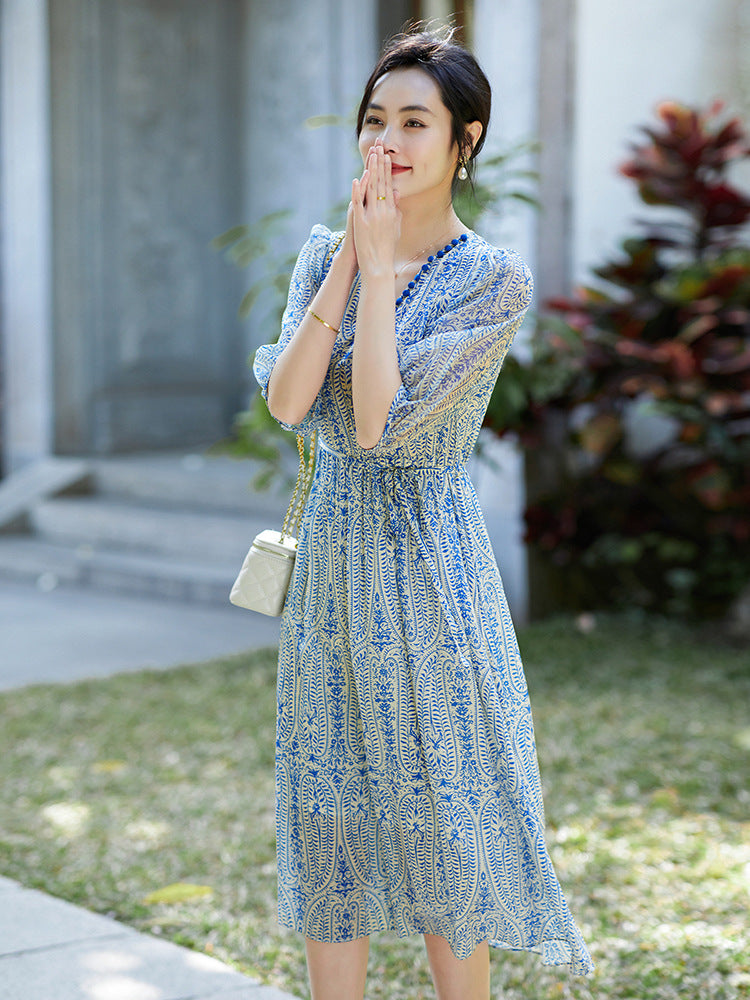 Paisley Print Puff Sleeves Silk Midi Dress with Elastic Waist - DIANASILK
