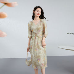 Ruched Waist Vintage-Inspired with Puff Sleeves Silk Midi Dress - DIANASILK