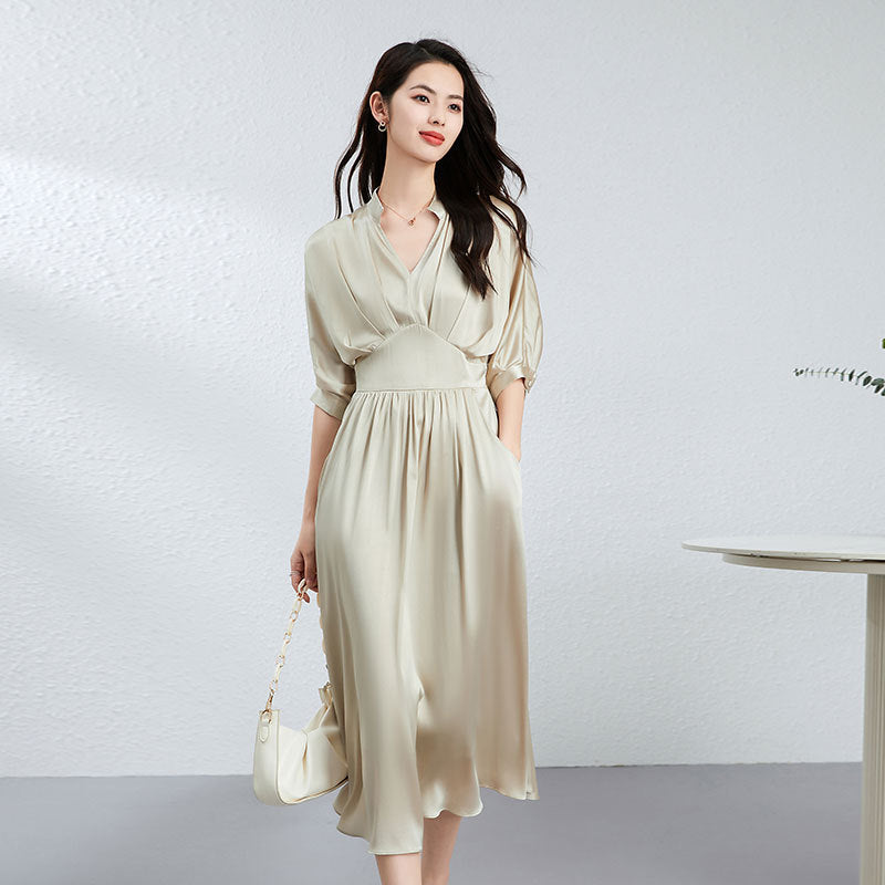 V-Neck Elegant Women's Summer Silk Maxi Dress with Pockets - DIANASILK