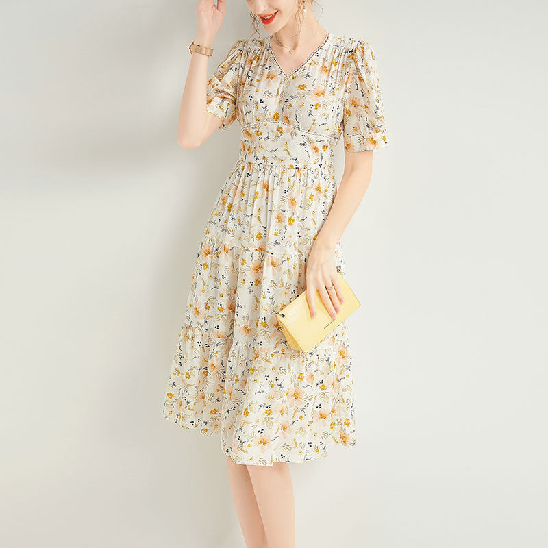 Yellow Floral Silk Midi Dress with Puff Sleeves and Tiered Skirt - DIANASILK