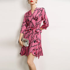 V Neck Silk Wrap Dress with Chain Print and 3/4 Sleeves - DIANASILK