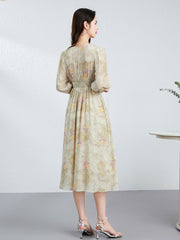 Ruched Waist Vintage-Inspired with Puff Sleeves Silk Midi Dress - DIANASILK