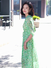 Green V-Neck Printed Silk Dress with Button - DIANASILK