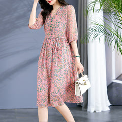 Elegant V-Neck Puff Sleeves Button Floral Print Silk Dress - DIANASILK