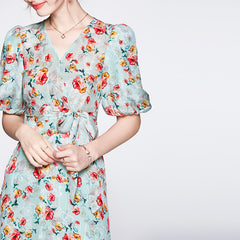 Ladies Floral Silk V-Neck Belted Midi Dress for Summer - DIANASILK