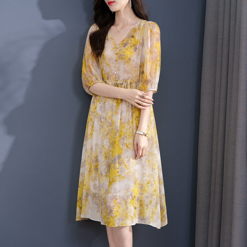 Yellow Floral Puff Sleeves Silk Midi Dress with Drawstring Waist - DIANASILK