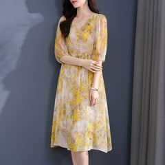 Yellow Floral Puff Sleeves Silk Midi Dress with Drawstring Waist - DIANASILK