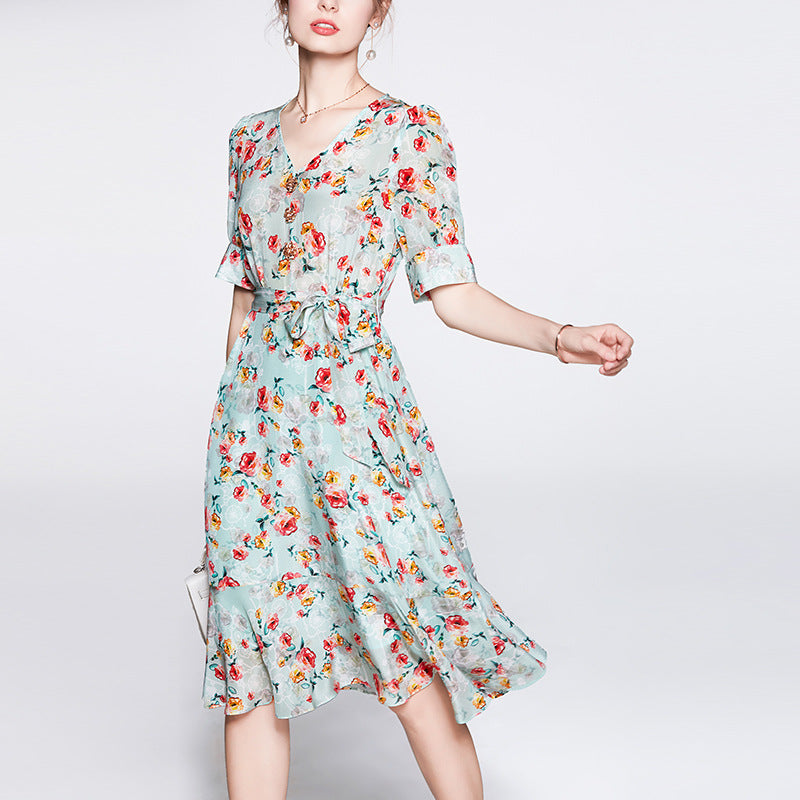 Ladies Floral Silk V-Neck Belted Midi Dress for Summer - DIANASILK
