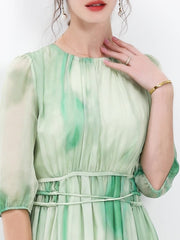 Round Neck Watercolor Gradient Silk Midi Dress - DIANASILK