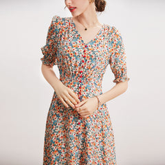V Neck Silk Floral Midi Dress with Smocked Waist & Puff Sleeves - DIANASILK