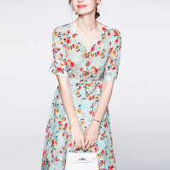 Ladies Floral Silk V-Neck Belted Midi Dress for Summer - DIANASILK