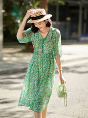 Green V-Neck Printed Silk Dress with Button - DIANASILK
