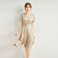 Classic V Neck Front Slit Silk Midi Dress with Puff Sleeves - DIANASILK