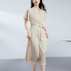 Champagne Silk Wrap Midi Dress with Short Flutter Sleeves - DIANASILK
