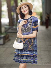 Baroque-Inspired Short Sleeves Silk Dress with Ruffle Hem - DIANASILK