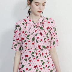 Cherry Print Silk Midi Dress with Neck Tie and Flared Hem - DIANASILK