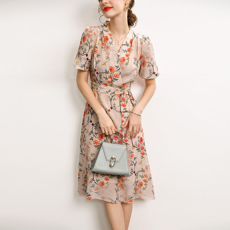 V-neck Vintage Floral Silk Midi Dress with Puff Sleeves - DIANASILK