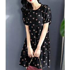 Black and Floral Print Silk Dress with Puff Sleeves - DIANASILK