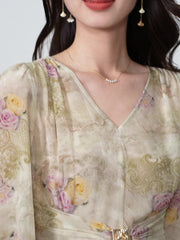 Ruched Waist Vintage-Inspired with Puff Sleeves Silk Midi Dress - DIANASILK