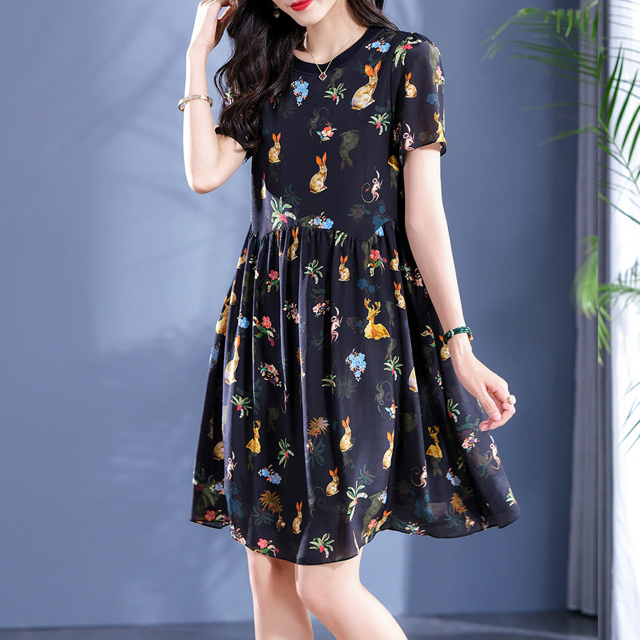 Round Neck Black with Rabbit and Floral Printed Silk Dress - DIANASILK