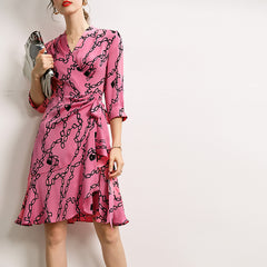 V Neck Silk Wrap Dress with Chain Print and 3/4 Sleeves - DIANASILK