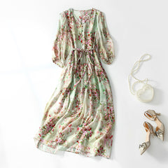 Floral V-Neck Sheer Sleeves Silk Dress with Elastic Waist - DIANASILK