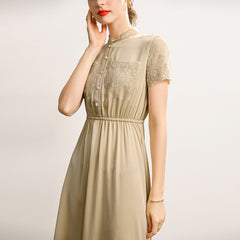 Champagne Silk Midi Dress with Lace Detail and Mandarin Collar - DIANASILK