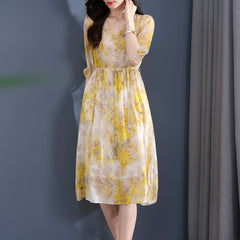 Yellow Floral Puff Sleeves Silk Midi Dress with Drawstring Waist - DIANASILK
