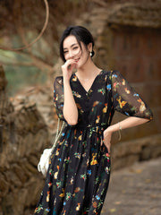Black Printed with Waist Tie Floral Silk Midi Dress with Button - DIANASILK