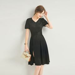 Classic V Neck Front Slit Silk Midi Dress with Puff Sleeves - DIANASILK