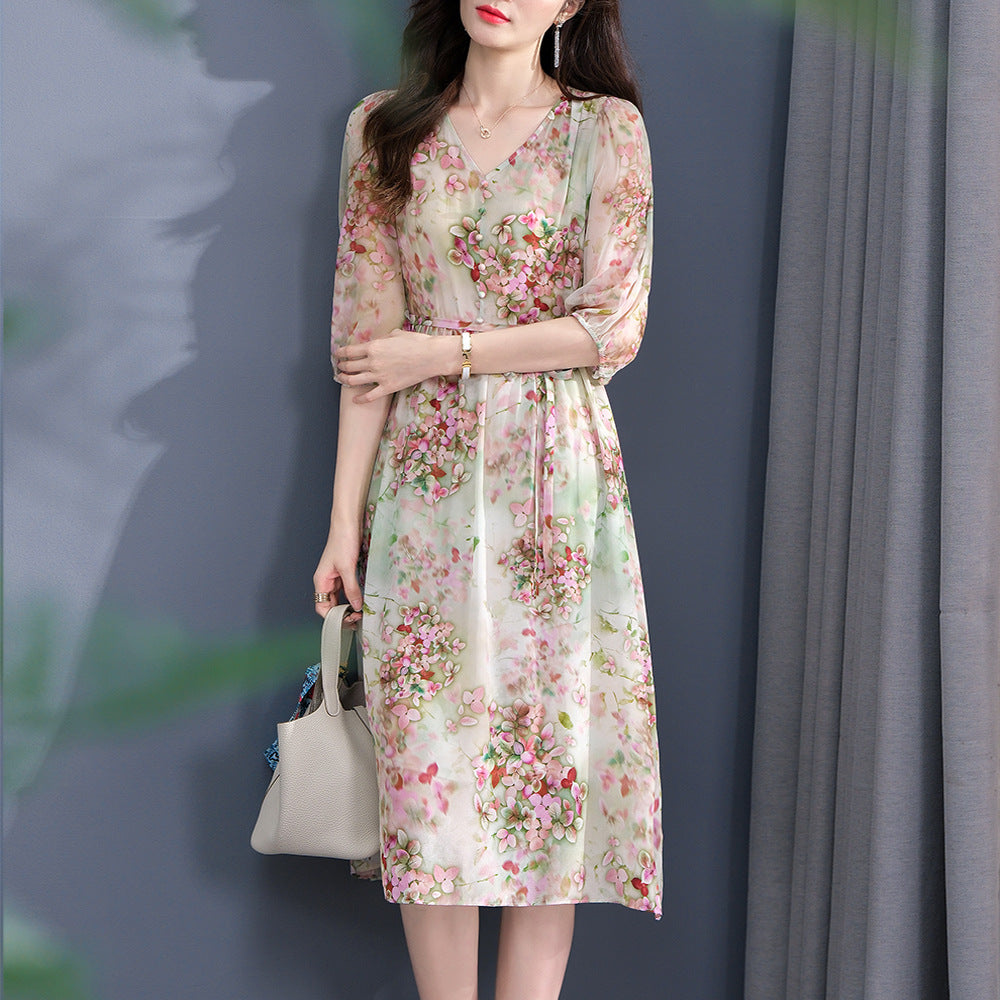 Floral V-Neck Sheer Sleeves Silk Dress with Elastic Waist - DIANASILK