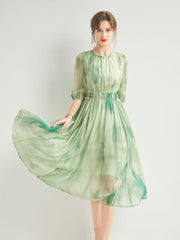 Round Neck Watercolor Gradient Silk Midi Dress - DIANASILK