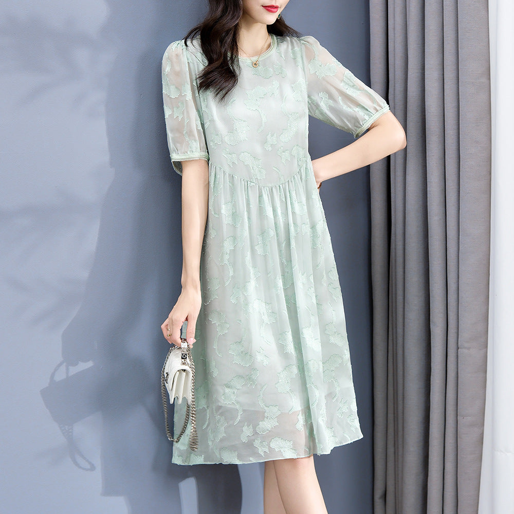 Embroidered Mint Green Silk Dress with Sheer Puff Sleeves - DIANASILK