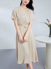 Champagne Silk Wrap Midi Dress with Short Flutter Sleeves - DIANASILK