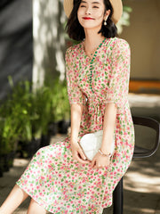 V-Neck Sheer Silk Floral Maxi Dress with Waist Tie - DIANASILK