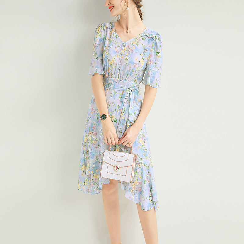 Silk Floral Wrap Dress with Ruffle Hem and Tie Waist - DIANASILK