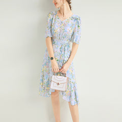 Silk Floral Wrap Dress with Ruffle Hem and Tie Waist - DIANASILK