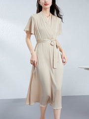 Champagne Silk Wrap Midi Dress with Short Flutter Sleeves - DIANASILK