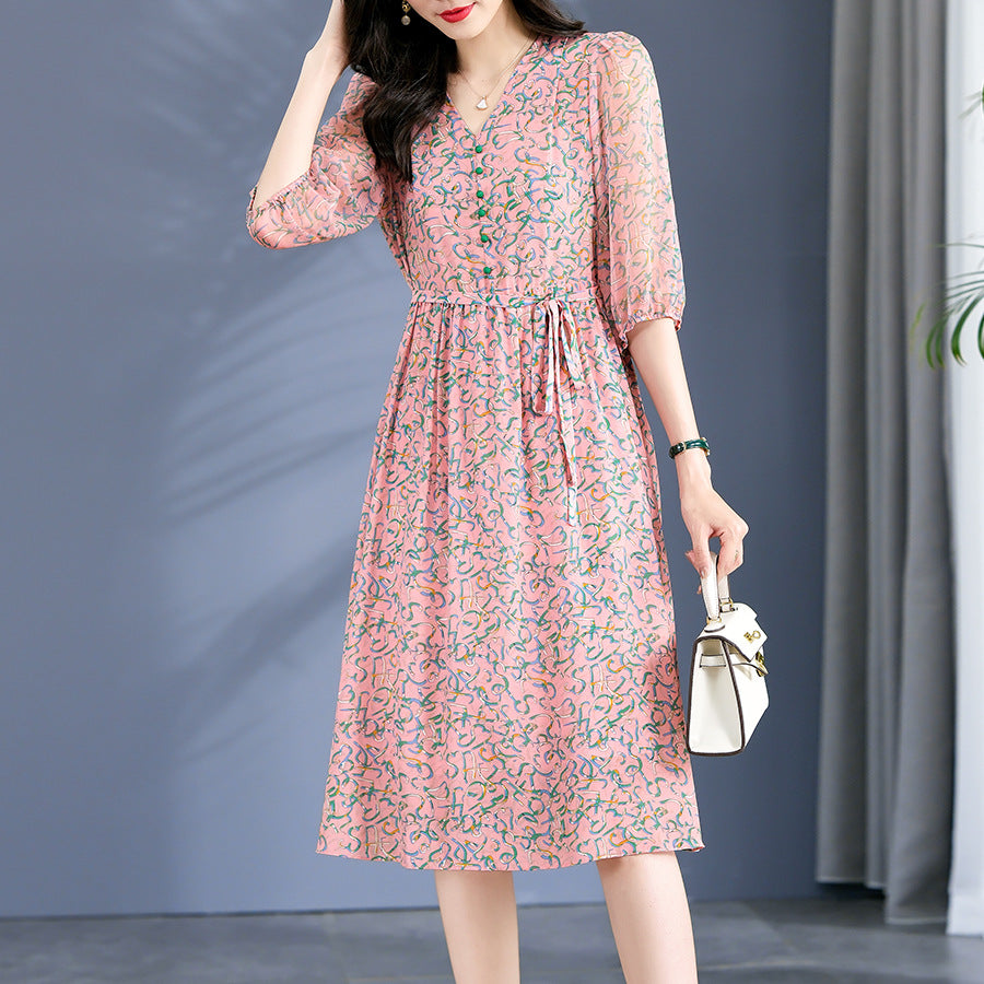 Elegant V-Neck Puff Sleeves Button Floral Print Silk Dress - DIANASILK