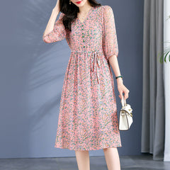 Elegant V-Neck Puff Sleeves Button Floral Print Silk Dress - DIANASILK