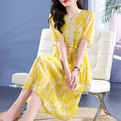 Yellow V-Neck Floral Printed Silk Dress with Drawstring Waist - DIANASILK