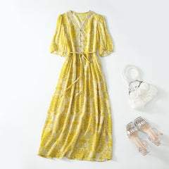 Yellow V-Neck Floral Printed Silk Dress with Drawstring Waist - DIANASILK