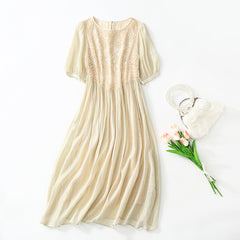 Elegant Beige Puff Sleeves Silk Dress with Lace Bodice - DIANASILK